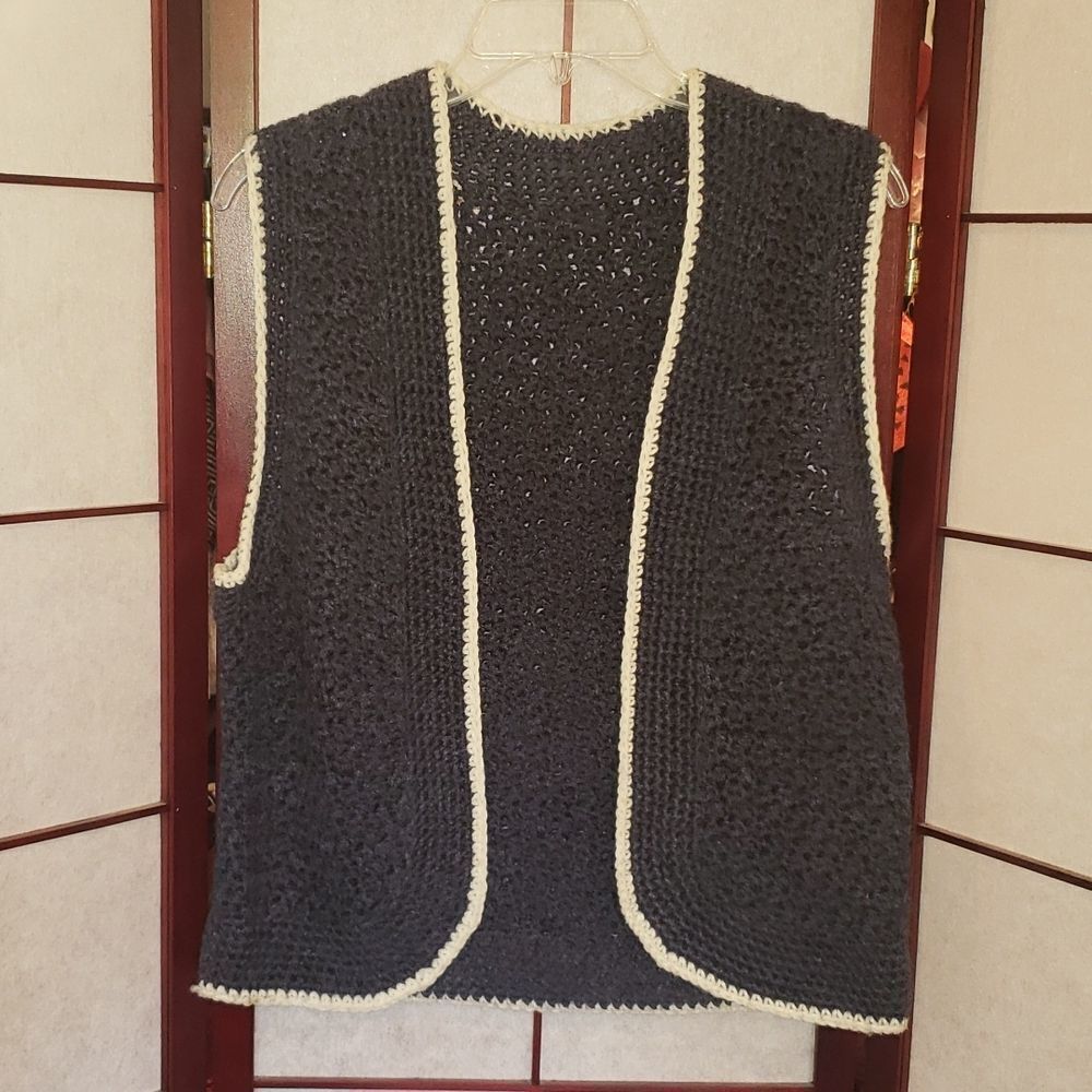 Ladies Handcrafted Charcoal Gray/White Crocheted Open Faced Vest